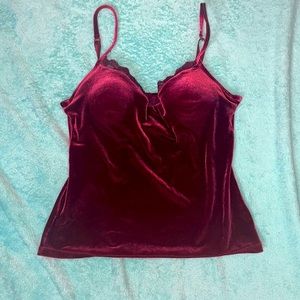 Vintage velvet maroon tank with lace neckline. Built in bra. Could fit a C-D cup